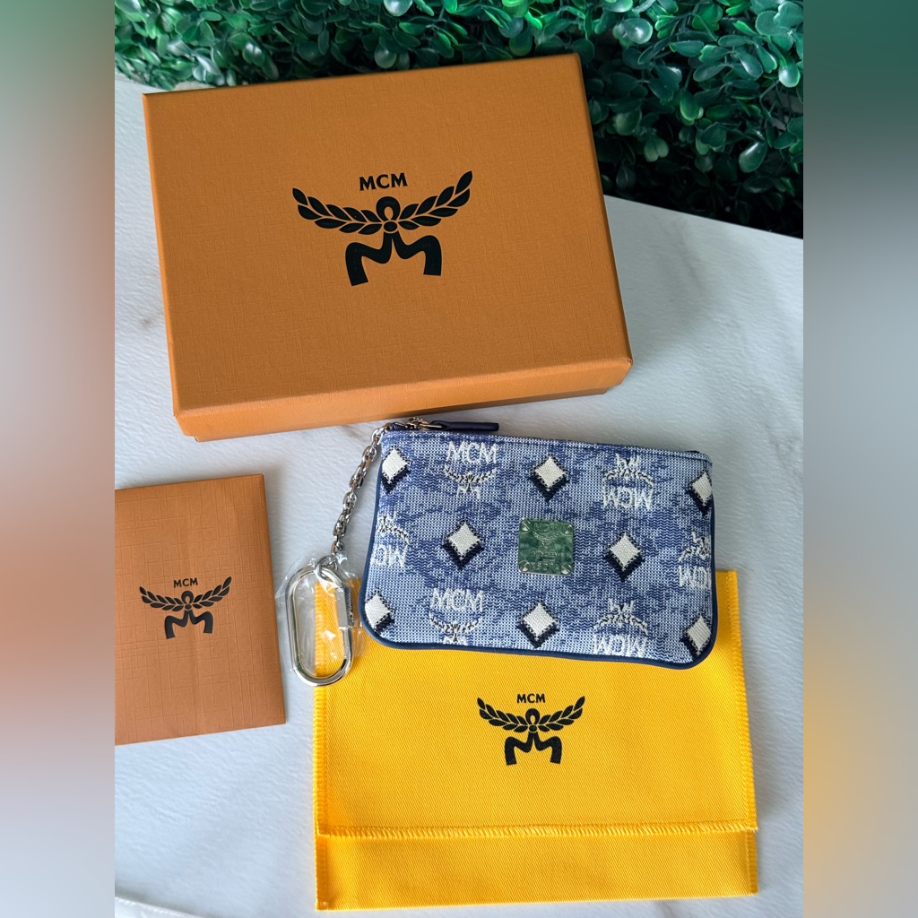 Mcm Denim Blue And White Monogram Zip Pouch Wallet Nwt